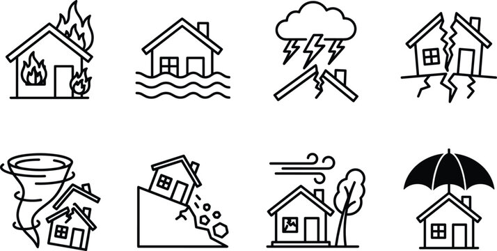Natural Disasters and Home Insurance Line Icon Set with House Fire Flood Storm Earthquake Tornado Landslide Wind and Umbrella Protection Vector Graphics