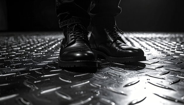 Polished black boots stand firm on a textured metal floor