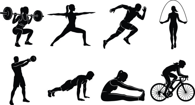 Fitness and workout silhouette set with people training running cycling doing yoga squats push ups and skipping rope