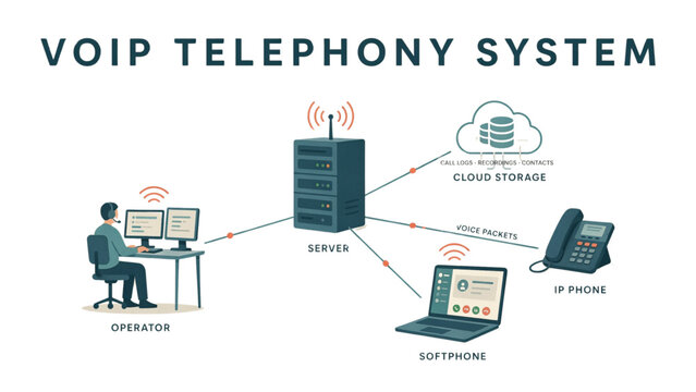 Voip telephony system network diagram with computers and router Vector