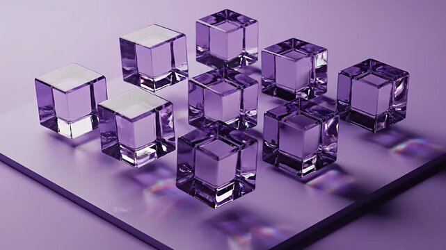 Purple transparent glass cubes on floating platform.