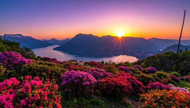 Vibrant sunrise illuminates a lake and mountains above blooming wildflowers