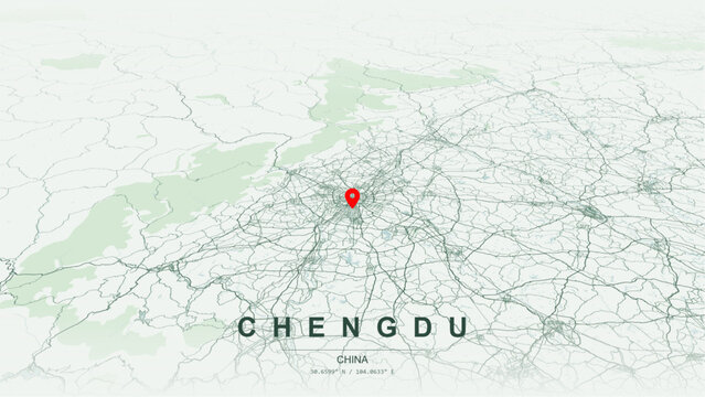 Modern minimalist vector map of Chengdu, China. High-quality scalable illustration of Chengdu city grid, Jin River contours, concentric Ring Roads transit network for posters design.