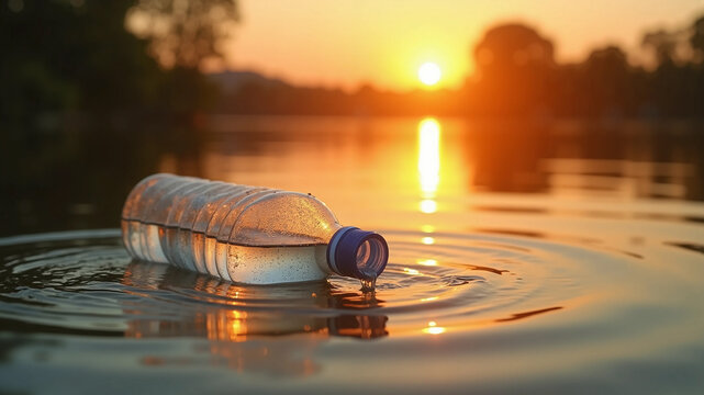 Single-Use Plastic Waste and Litter Polluting an American River During Golden Hour