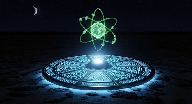 Glowing Atomic Model Hologram Over Futuristic Platform Under Moonlit Sky