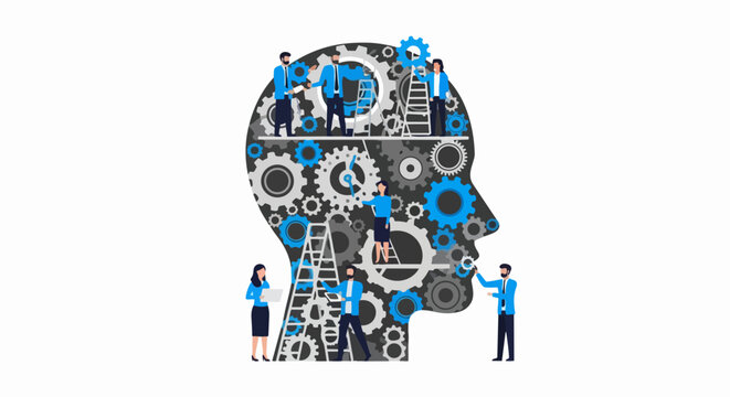 Business Team Collaboration and Mental Psychology Concept with People Fixing Gears inside Human Head Silhouette