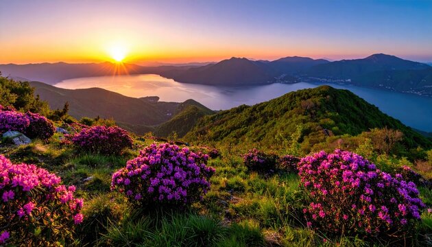 Sunset over a lake from a mountain peak, with blooming flowers