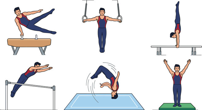 Male Gymnastics Athletes Vector Character Set Featuring Poses of Pommel Horse Still Rings Parallel Bars High Bar Floor Exercise Flip and Landing