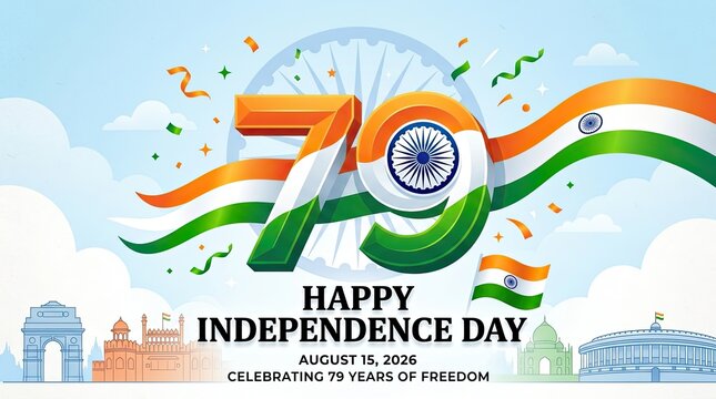 India independence day 79th anniversary celebration graphic with national flag and landmarks