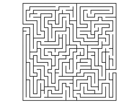 Black and white square labyrinth maze for puzzle games and brain teasers on white.