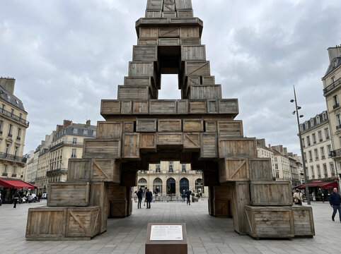 Wooden Crate Sculpture Archway in Parisian Square
