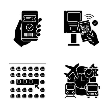 Travel booking icons set including smartphone ticket machine seats and transport in black silhouette style airline