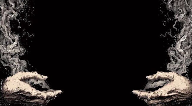 黒背景の中で煙が漂い両手がゆっくりとうごめく不気味で神秘的なループ映像 generative ai