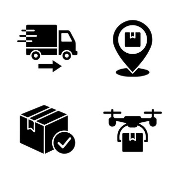 Delivery service icons depicting a truck package location completed order and drone transport black silhouettes shipping