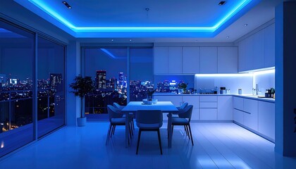 Fototapeta premium Modern apartment dining area and kitchen bathed in cool blue ambient light
