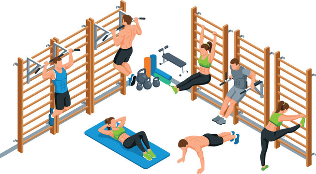 Isometric Gym and Fitness Training Vector Set Featuring People Exercising with Swedish Stall Bars Pull Ups Dips Crunches Push Ups and Kettlebells