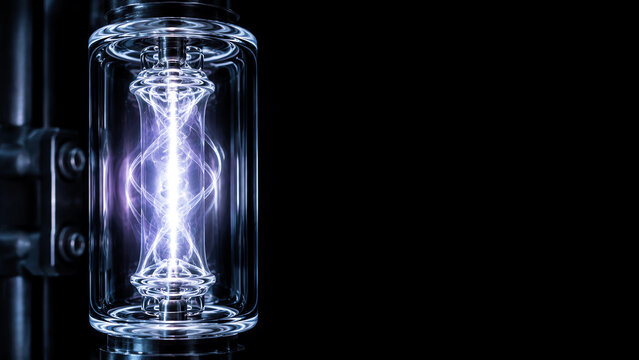 Close Up Glowing Krypton Plasma Inside Scientific Discharge Tube in Dark Laboratory Environment