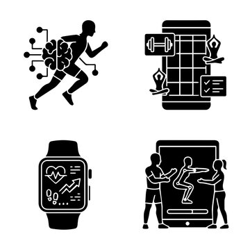 Fitness and health tracking icons including running weightlifting smartwatch and virtual training silhouettes activity athlete barbell