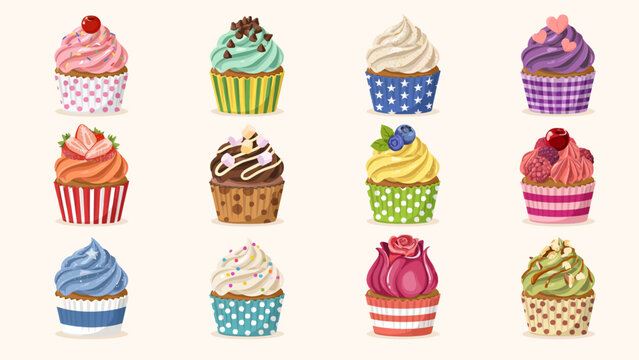 Colorful assortment of twelve delicious cupcakes with different frosting and toppings
