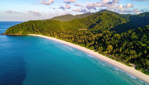 Lush, green mountains meet a pristine white sand beach and turquoise ocean