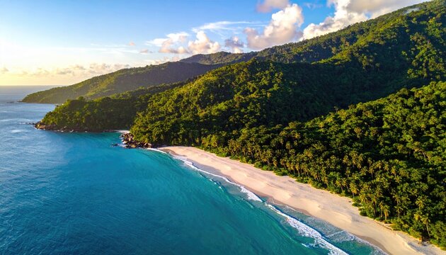Lush green mountains meet a pristine white beach and turquoise ocean