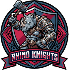 Rhino Knights: Heavy armored knight rhino warrior holding a war hammer crest © Sourav