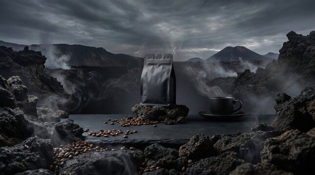 Cinematic Coffee Pouch and Cup in Volcanic Lava Landscape - AI Generated
