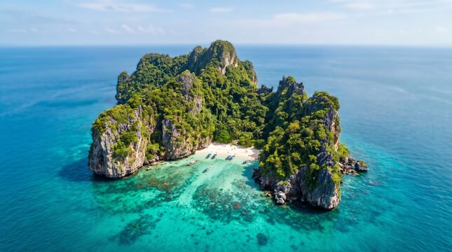 A tropical island features clear water and green trees under bright sky. Boats are anchored near the beach. Visitors explore the sandy shore and enjoy the scenery during daytime
