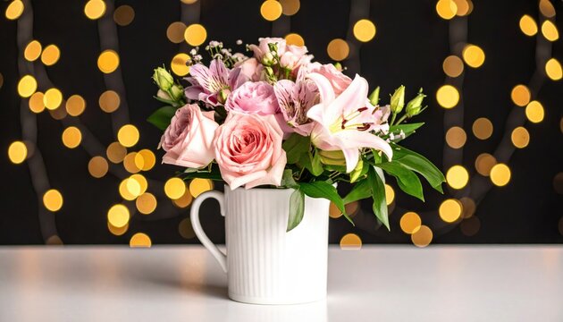 A delicate pink floral arrangement in a white mug, set against bokeh lights