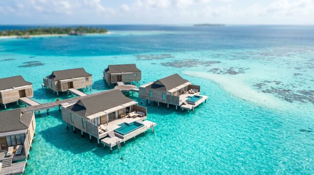 Several water villas built on stilts over clear blue water. The villas are surrounded by a tropical landscape and coral reefs. Bright sunlight shines down