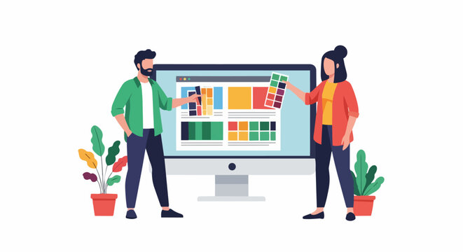 Graphic Designers Working on Web UI UX Design Project with Color Palettes and Large Monitor Flat Vector Illustration for Creative Agency Marketing
