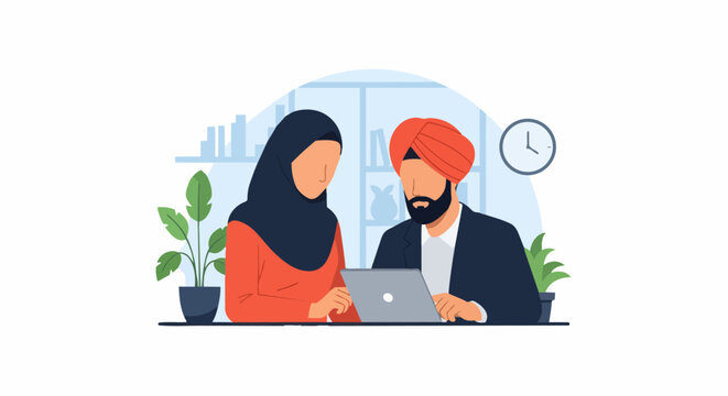 Diverse Professional Colleagues Collaborating on Laptop in Modern Office Workspace Illustration
