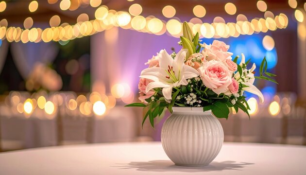 Elegant floral arrangement in a white vase on a table, bokeh lights in background
