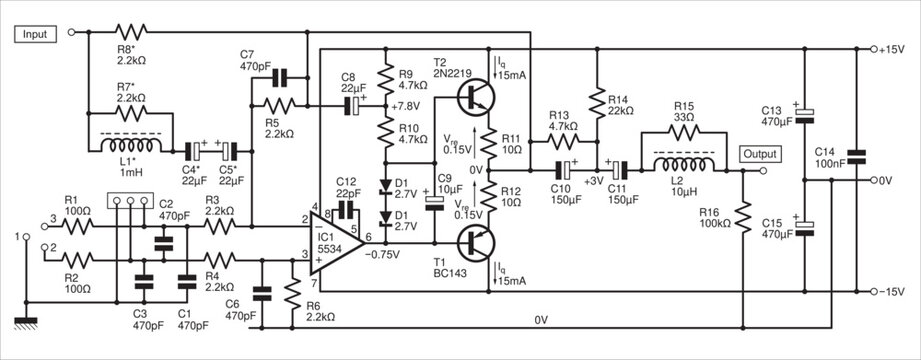 Schematic diagram of electronic device 
on paper sheet. Vector drawing electrical circuit with 
integrated circuit of operational amplifier,
transistor, capacitor, resistor, diode, induction coil. 