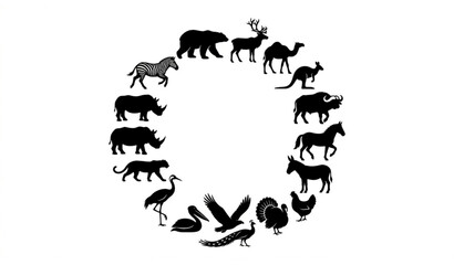 Global Wildlife And Farm Animal Black Silhouette Circle Set With Birds From Multiple Habitats © Suborno