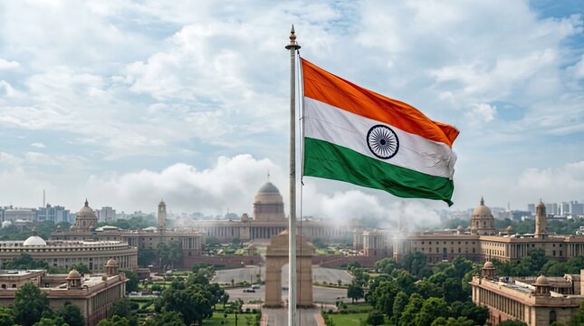 Indian flag waving in front of rashtrapati bhavan and parliament house in new delhi