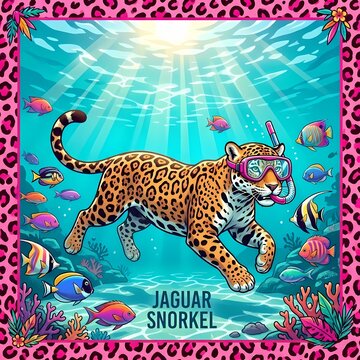 Cartoon jaguar snorkeling underwater in a tropical coral reef with colorful fish.