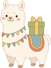 Obraz premium White Llama with Gift Box. Funny Cartoon Character. Cute Adorable Animal. Hand Drawn Positive Camel. Happy Birthday Greeting Card Element. Kid Party Invitation Kawaii Mascot Art. Baby T-Shirt Print.