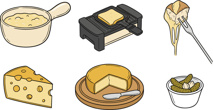 Traditional Swiss Raclette and Cheese Fondue Vector Clipart Set Featuring Grill Melter Wheel Slices Dipping Fork with Bread and Pickles