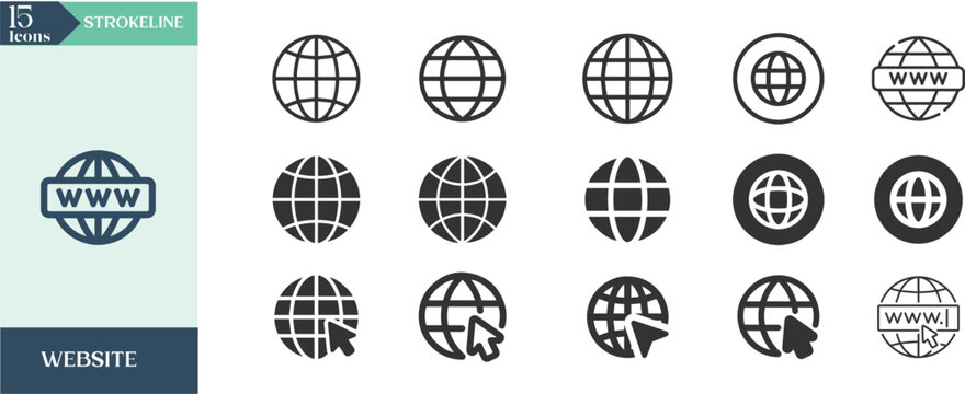 Fifteen black stroke line globe icons for website and global communication