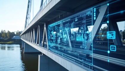Naklejka premium Bridge span featuring large glowing digital interface and graphics.