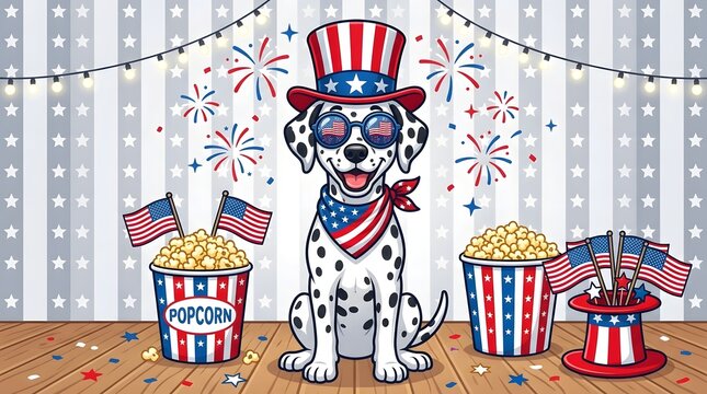 Dalmatian dog in patriotic uncle sam hat with fourth of july decorations