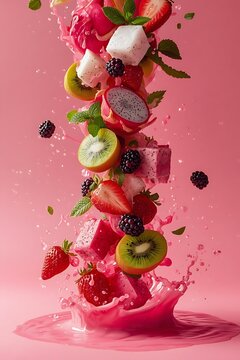 A splash of fresh water surrounds ripe strawberry and kiwi fruit slices alongside a juicy red cherry, creating a healthy and delicious summer dessert isolated on white
