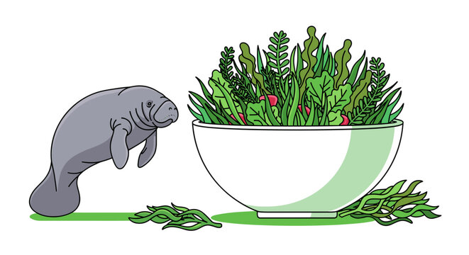 Adorable Manatee with Seaweed Salad - Healthy Vegan Diet, Isolated on Transparent Background. Funny Marine Mammal Character with Bowl of Greens. Vector Illustration