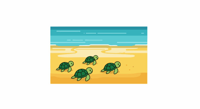 Four young turtles scurry across a sandy beach towards the blue ocean waves