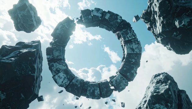Broken stone ring hovering among clouds in blue sky.