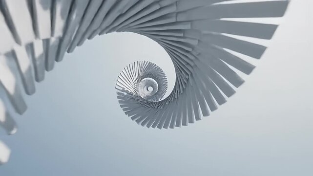 White spiral staircase structure looking up from below.