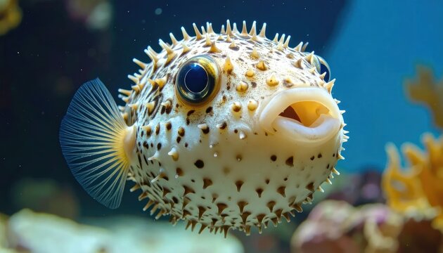 Brown spotted pufferfish swimming in clear tropical coral reef.