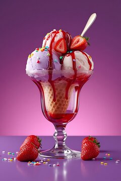 Strawberry ice cream with fresh strawberries in a bowl, sweet creamy frozen dessert scoop, cold vanilla and berry ice cream, delicious red fruit sundae in glass cup