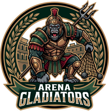 Arena Gladiators: Muscular gorilla gladiator warrior inside Colosseum emblem